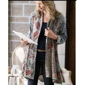 Soft Surroundings‎ Embroidered Open Cardigan Animal Floral Leaf Wool Blend S/M